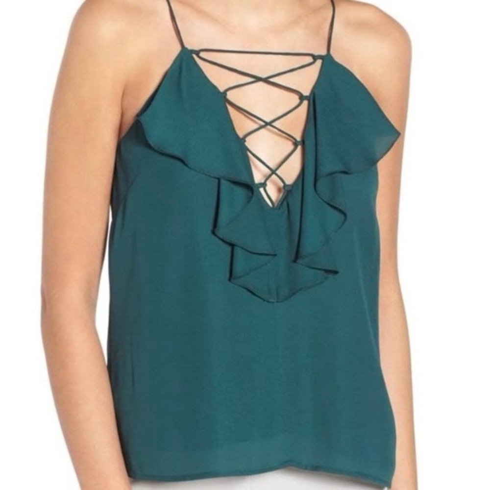 WAYF Women's Lace Up Ruffle Cami in Hunter Green Medium Size Small